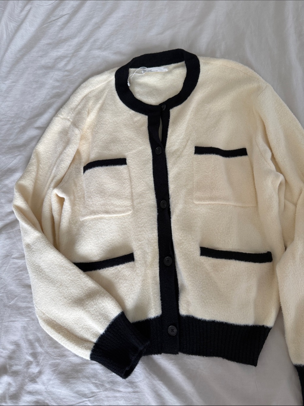 OAK + FORT Cream and Black Boxy Cardigan